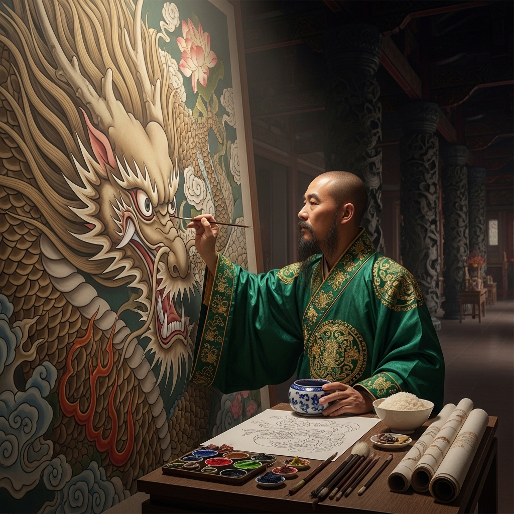 화룡점정 A traditional Chinese artist, dressed in ancient robes, carefully adding a final, delicate brushstroke to the eye of a majestic, blue dragon painted on a temple wall. The dragon looks incredibly lifelike and vibrant. The background shows an ancient temple interior with soft, ambient light. No text on the image.