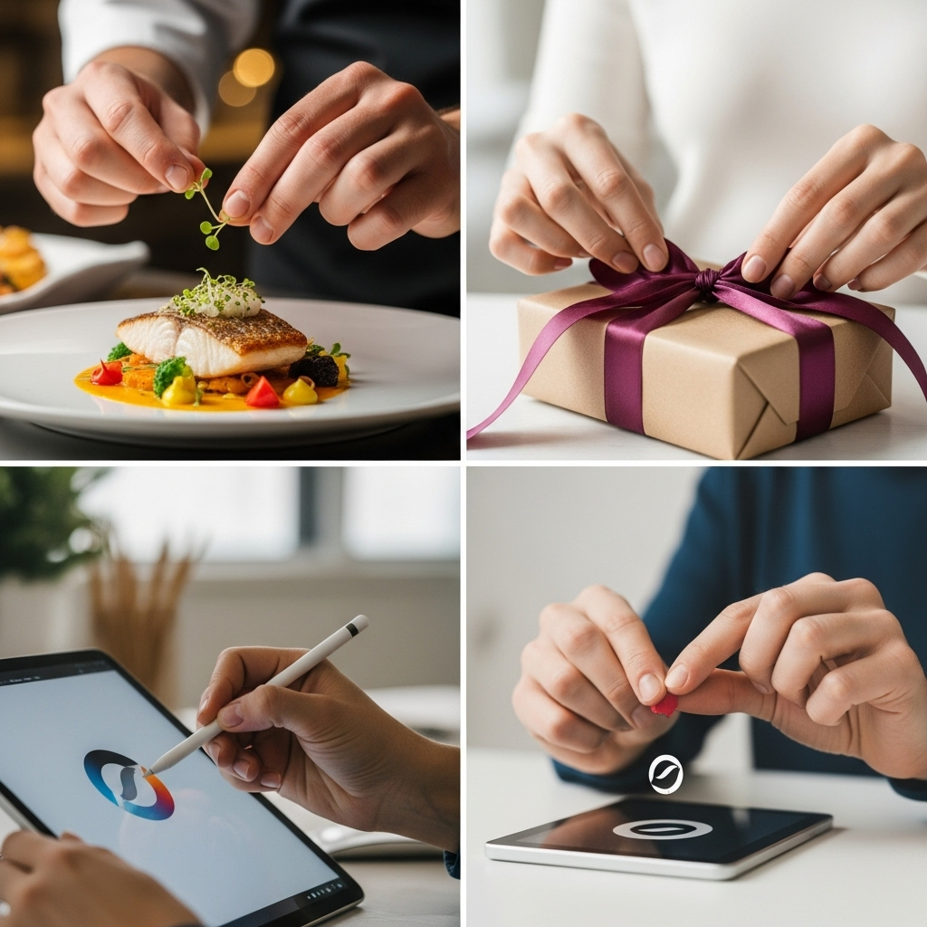 화룡점정 A collage of small, subtle details making a big impact: A chef garnishing a beautiful dish, a person tying a perfect knot in a gift ribbon, a designer adding a final flourish to a logo, and a student adding a key sentence to a presentation slide. Each detail enhances the overall item. Bright and clear, with a focus on human hands. No text on the image.