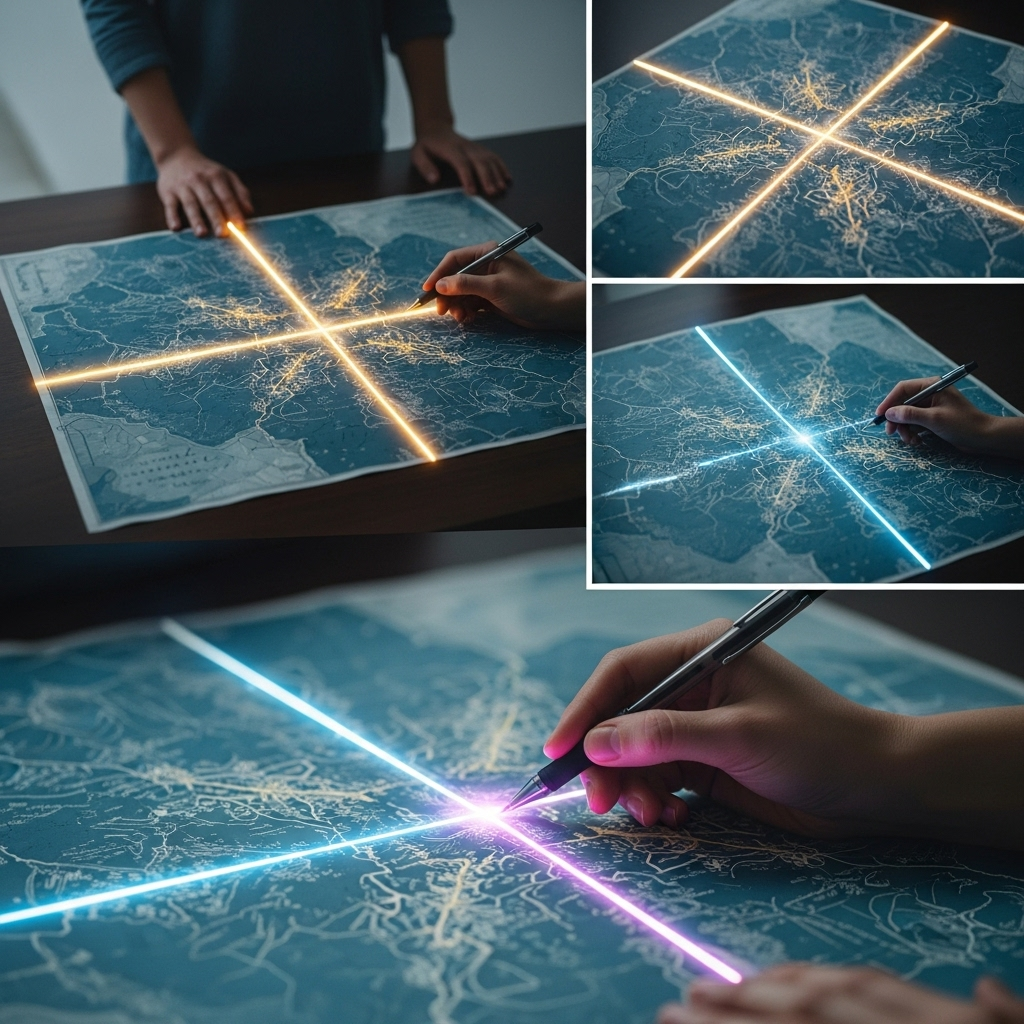 화룡점정 A person stands at a crossroads, looking at a beautifully drawn map with a single, glowing path highlighted. They hold a pen, ready to mark the final destination, symbolizing a decisive, insightful choice. The setting is bright and serene, emphasizing clarity. No text on the image.