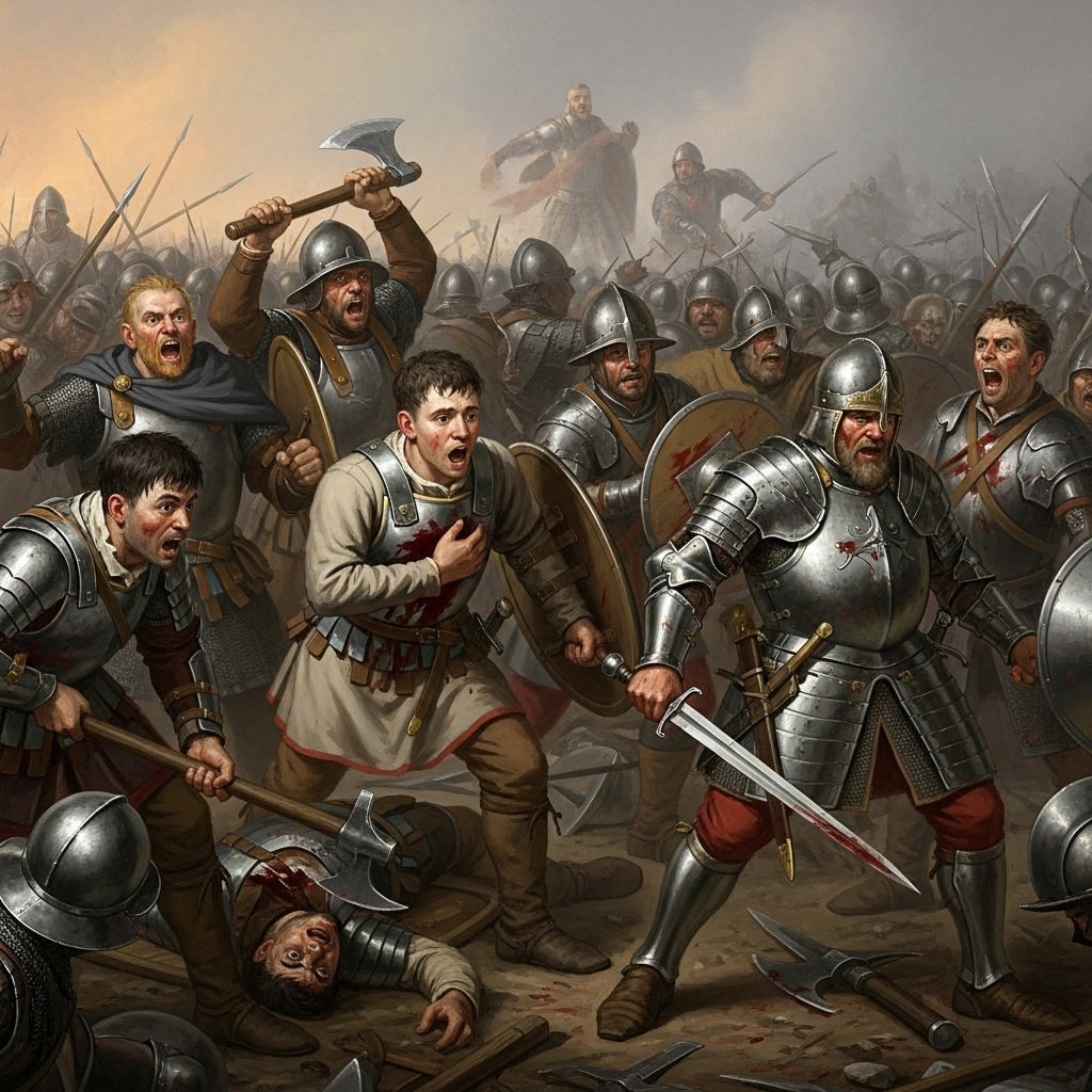 혼비백산 A chaotic battle scene from an ancient war, with soldiers in panic, some fleeing, others looking utterly disoriented amidst smoke and the clash of weapons. The style is a dynamic, historical painting, capturing the intense fear and confusion. No text in the image.
