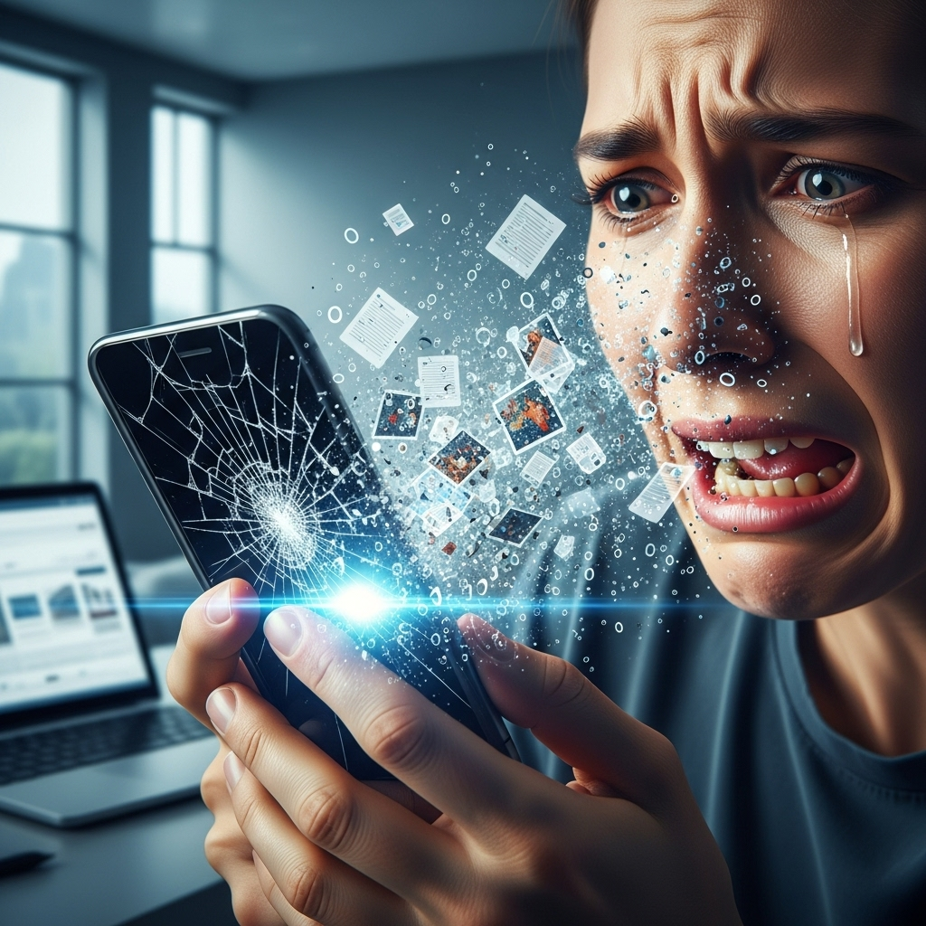 혼비백산 A person staring at a shattered smartphone screen with a look of utter despair and panic. Digital data fragments are flying out of the phone, symbolizing data loss. The background is a modern, slightly abstract office or home setting, emphasizing the digital age. No text in the image.