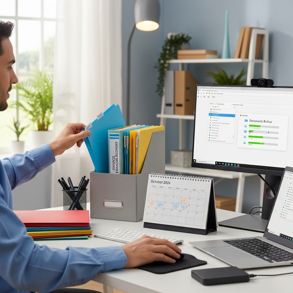 혼비백산 A person calmly organizing important documents and backing up data on a computer, with a focused and prepared expression. The scene is bright and orderly, representing prevention and readiness. A small calendar shows future dates. No text in the image.