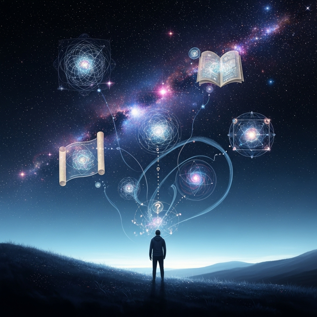 형이상학 A person looking up at a starry sky, with subtle abstract shapes representing profound thoughts and questions floating around their head, soft focus, dreamlike quality, digital painting