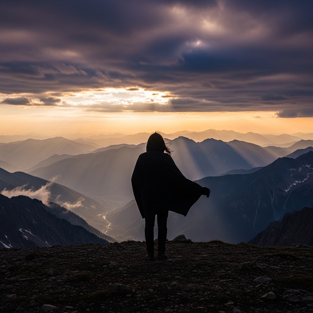 혈혈단신 A solitary figure standing on a majestic mountain peak, looking out at a vast, breathtaking landscape under a dramatic sky. The figure is a silhouette, conveying a sense of both isolation and immense power. The overall mood is one of quiet strength and contemplation.