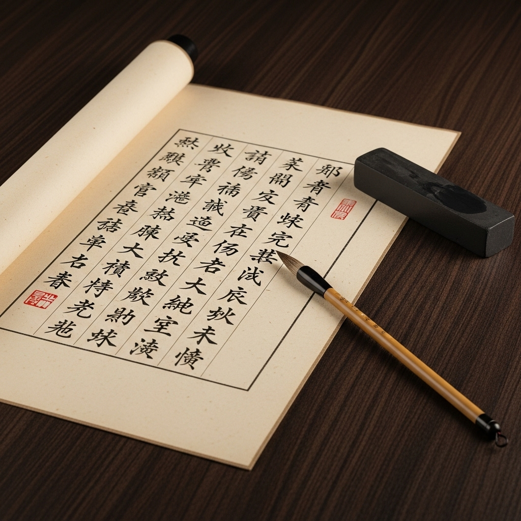 혈혈단신 An antique, aged scroll with elegant brushstrokes forming ancient Chinese characters on delicate, traditional paper. A traditional ink stick and brush rest beside it, evoking a sense of historical context and the origin of ancient wisdom.