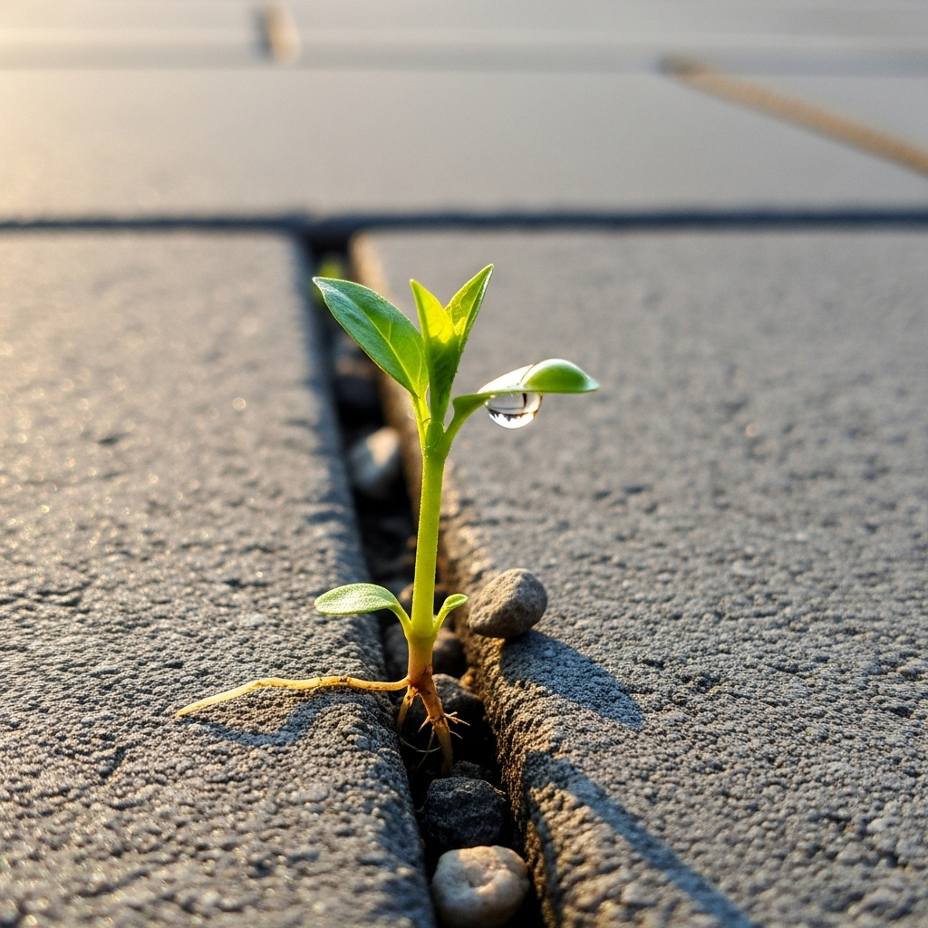 혈혈단신 A vibrant, small green plant pushing its way through a crack in a solid concrete pavement, with dappled sunlight highlighting its resilience and unexpected strength in a harsh environment.