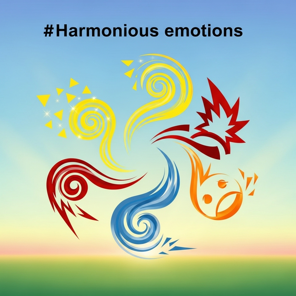희로애락 A vibrant, colorful illustration of four distinct human emotions (joy, anger, sadness, happiness) represented by abstract shapes or simple symbols, swirling together harmoniously, with a bright, optimistic background. No text on the image.