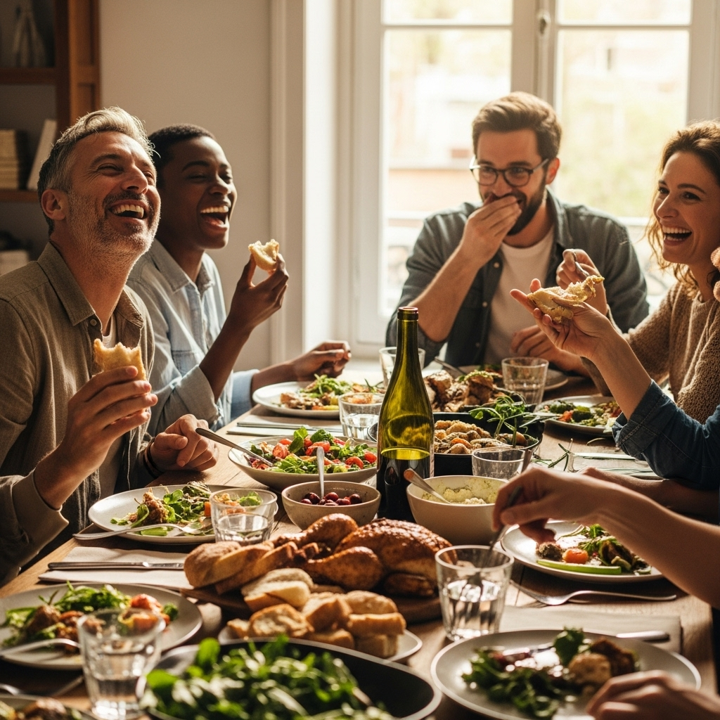희로애락 A group of diverse people of various ages laughing heartily around a table filled with food, under warm, natural sunlight. Their faces express genuine joy and connection. No text on the image.