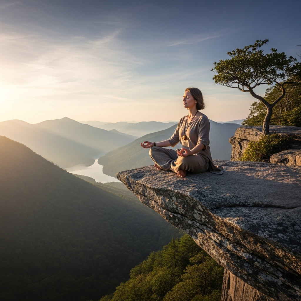 희로애락 A person meditating calmly in a serene natural setting like a mountain top or a peaceful forest, symbolizing balance and inner peace amidst life's ups and downs. The lighting is soft and harmonious. No text on the image.