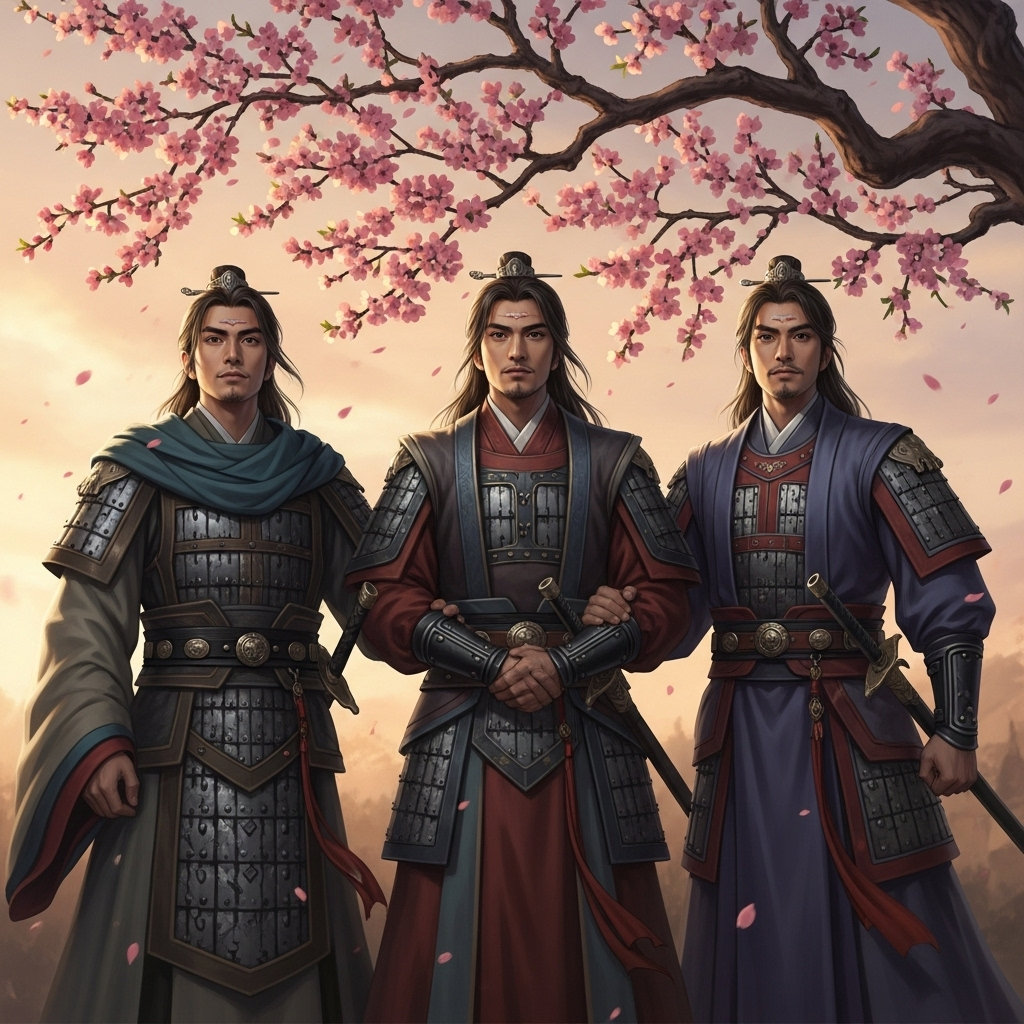 의기투합 Three ancient warriors in traditional Chinese attire, resembling characters from the Three Kingdoms period, are clasping hands firmly under a blooming peach tree, symbolizing their sworn brotherhood and shared ambition. The setting sun casts a warm glow.