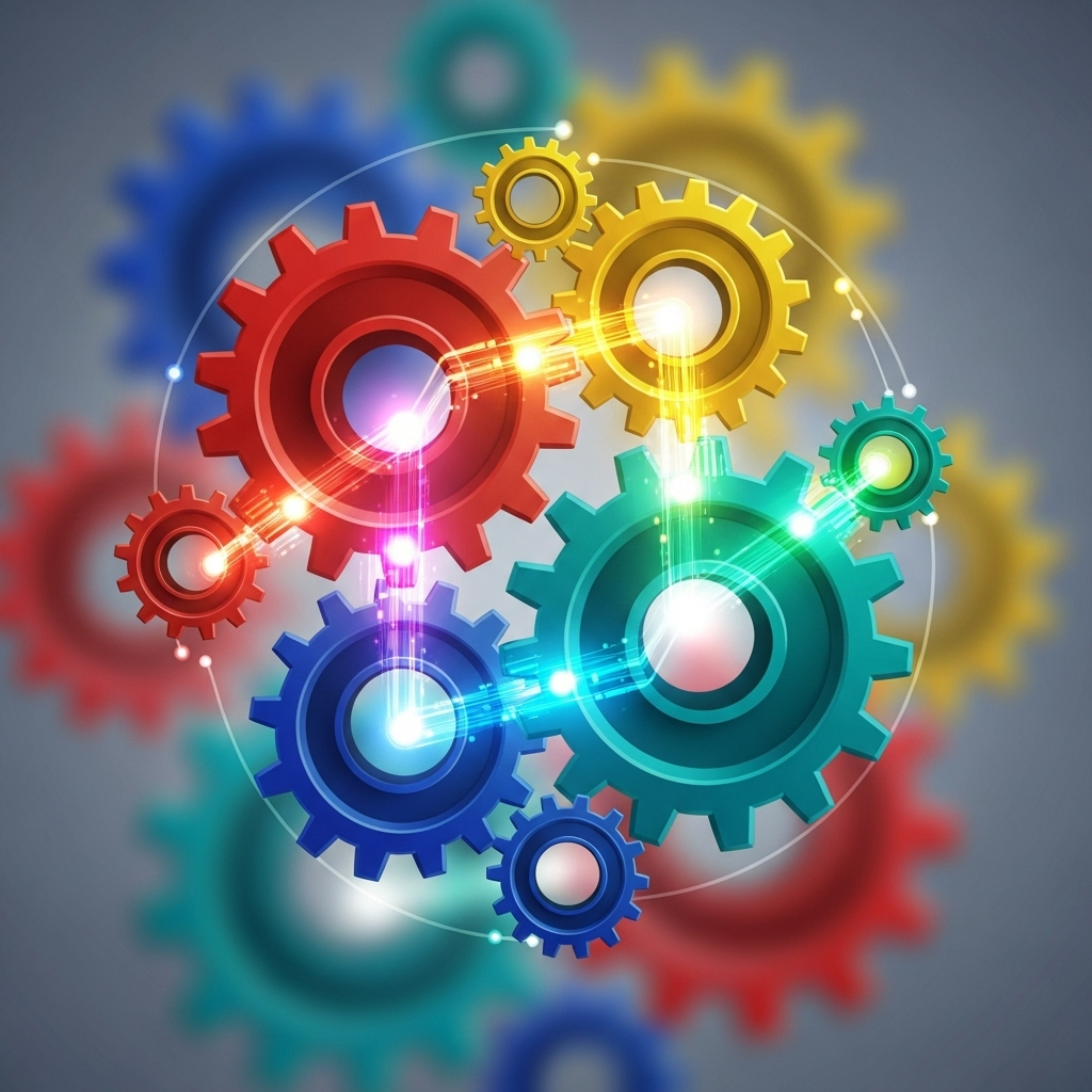 의기투합 A stylized abstract illustration depicting multiple gears of different sizes interlocking and turning smoothly together, creating a larger, more powerful mechanism. Bright, vibrant colors emanate from the points where they connect, symbolizing synergy and innovation. No text on the image.