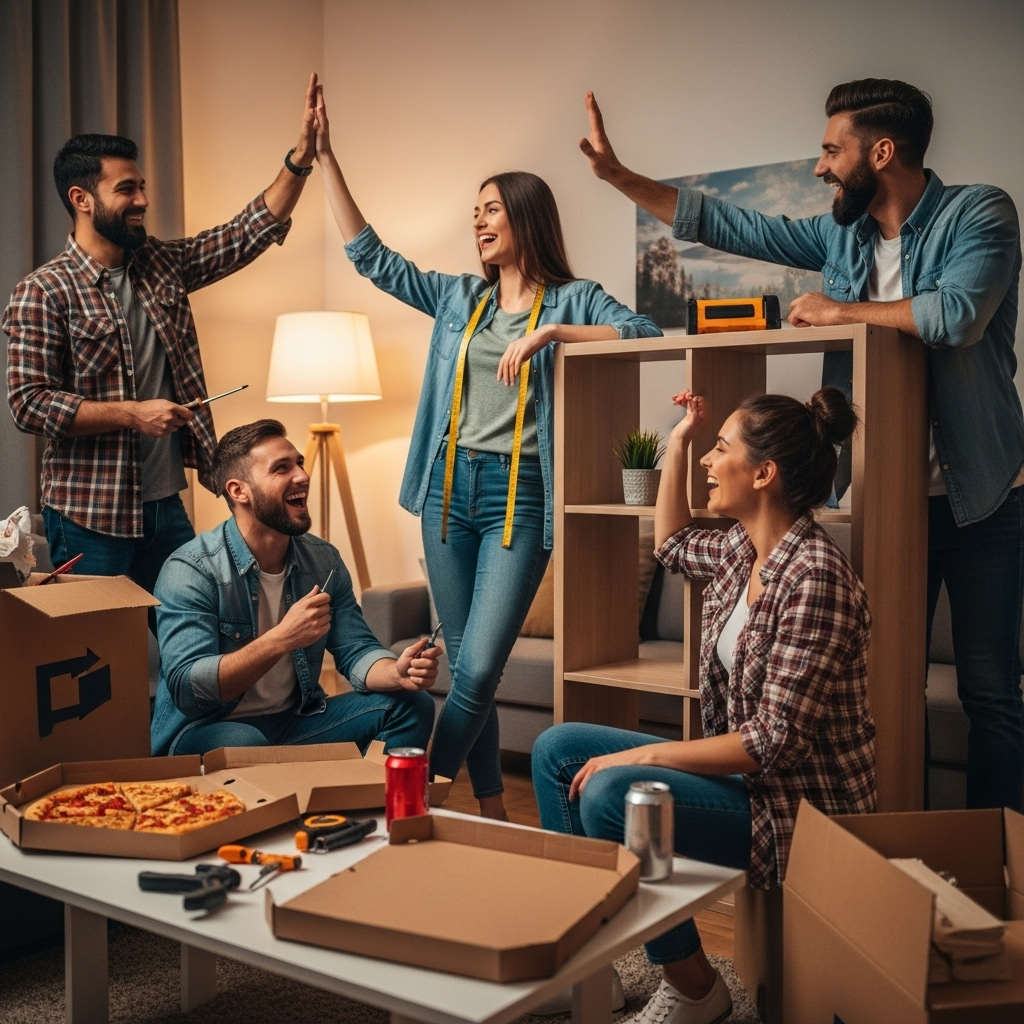 의기투합 A group of friends laughing and high-fiving each other after successfully assembling a complex piece of furniture in a cozy living room, surrounded by boxes and tools, showcasing casual everyday collaboration and teamwork. The atmosphere is joyful and relaxed.