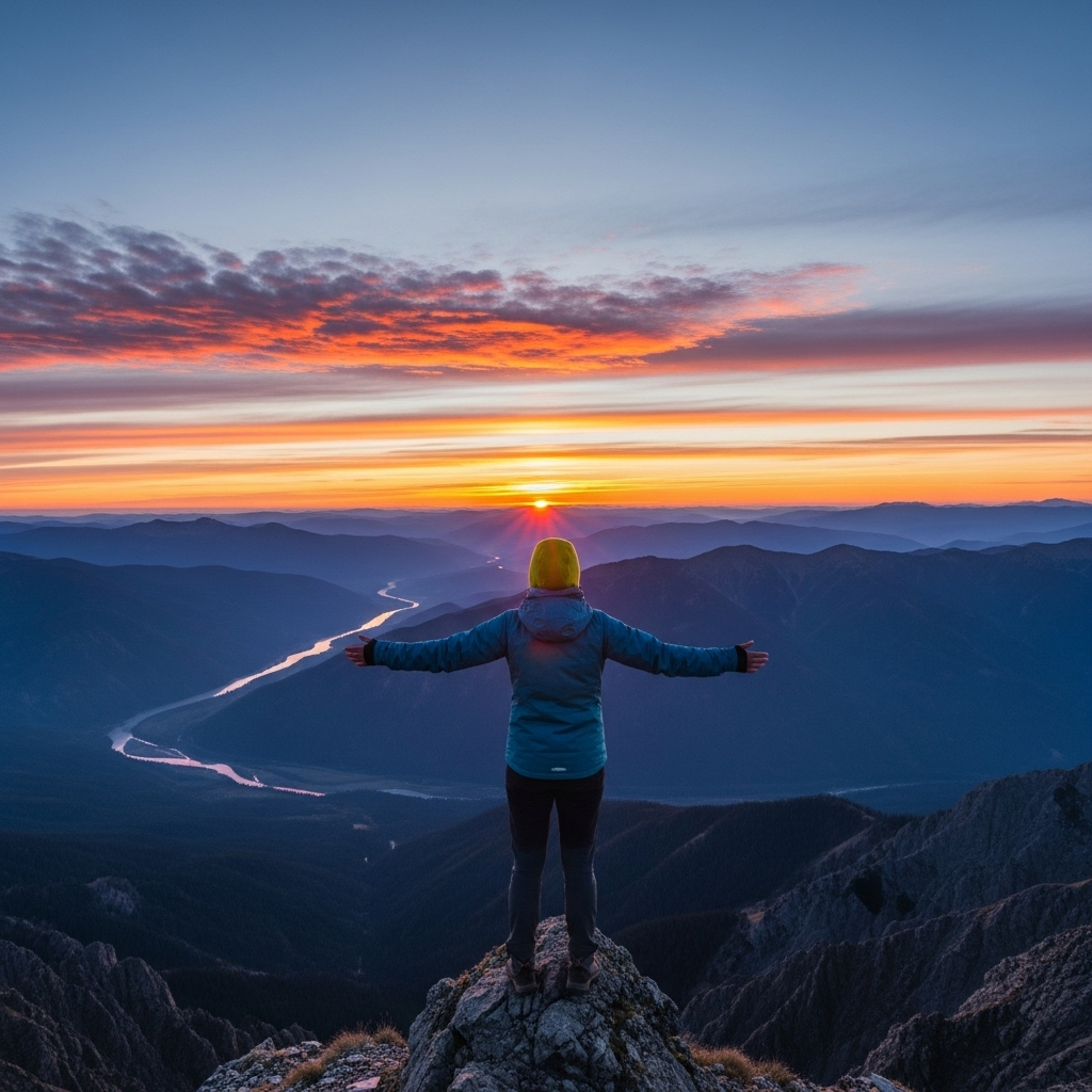 천하무적 A person standing confidently on a mountain peak, overlooking a vast, beautiful landscape at sunrise. The person's silhouette is strong and poised, with no text in the image. The sky is bright orange and purple, symbolizing new beginnings and strength.