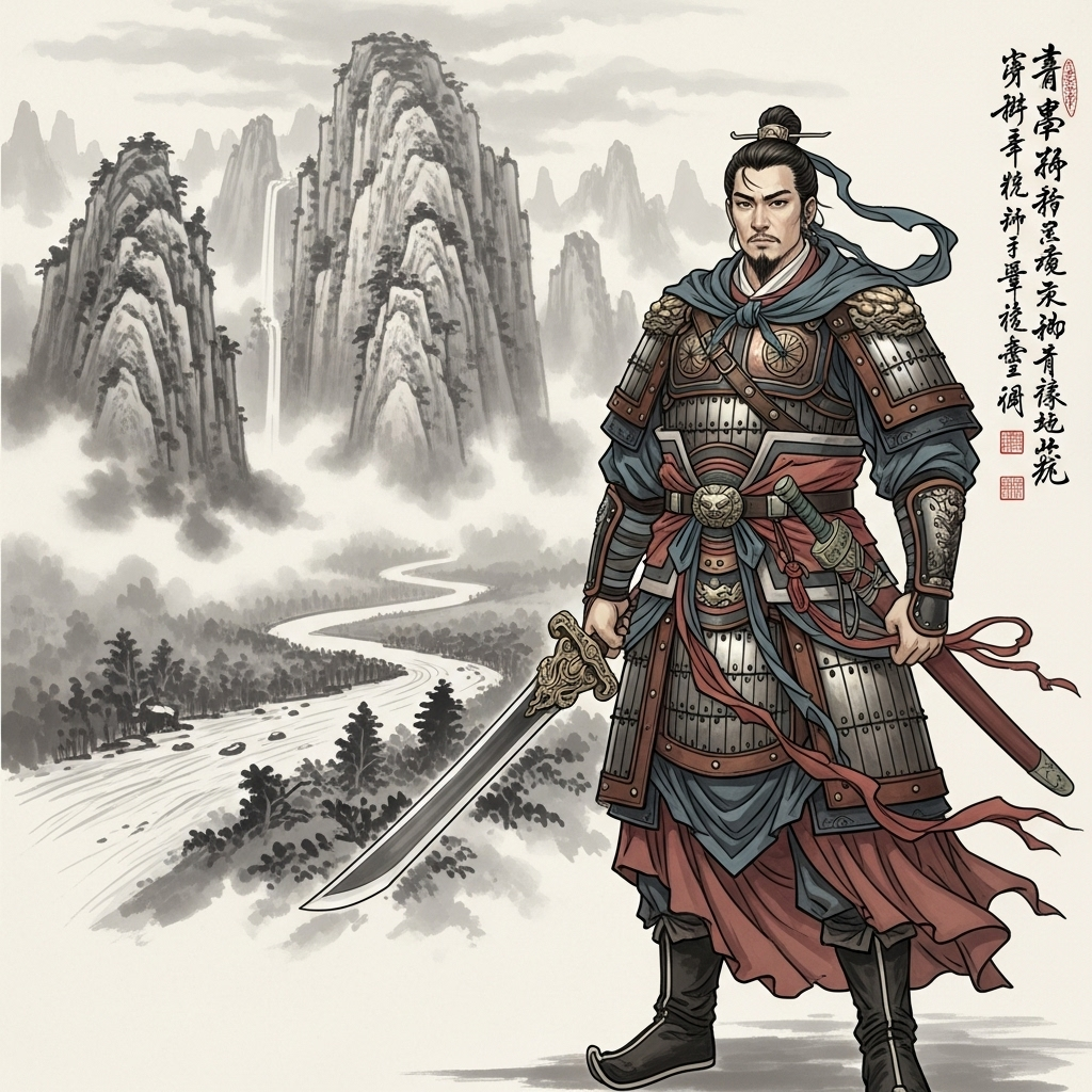 천하무적 A majestic ancient Chinese scroll painting depicting a powerful warrior standing alone, surrounded by an aura of invincibility, with a vast landscape behind them. The warrior is in traditional attire, exuding confidence and strength. No text.