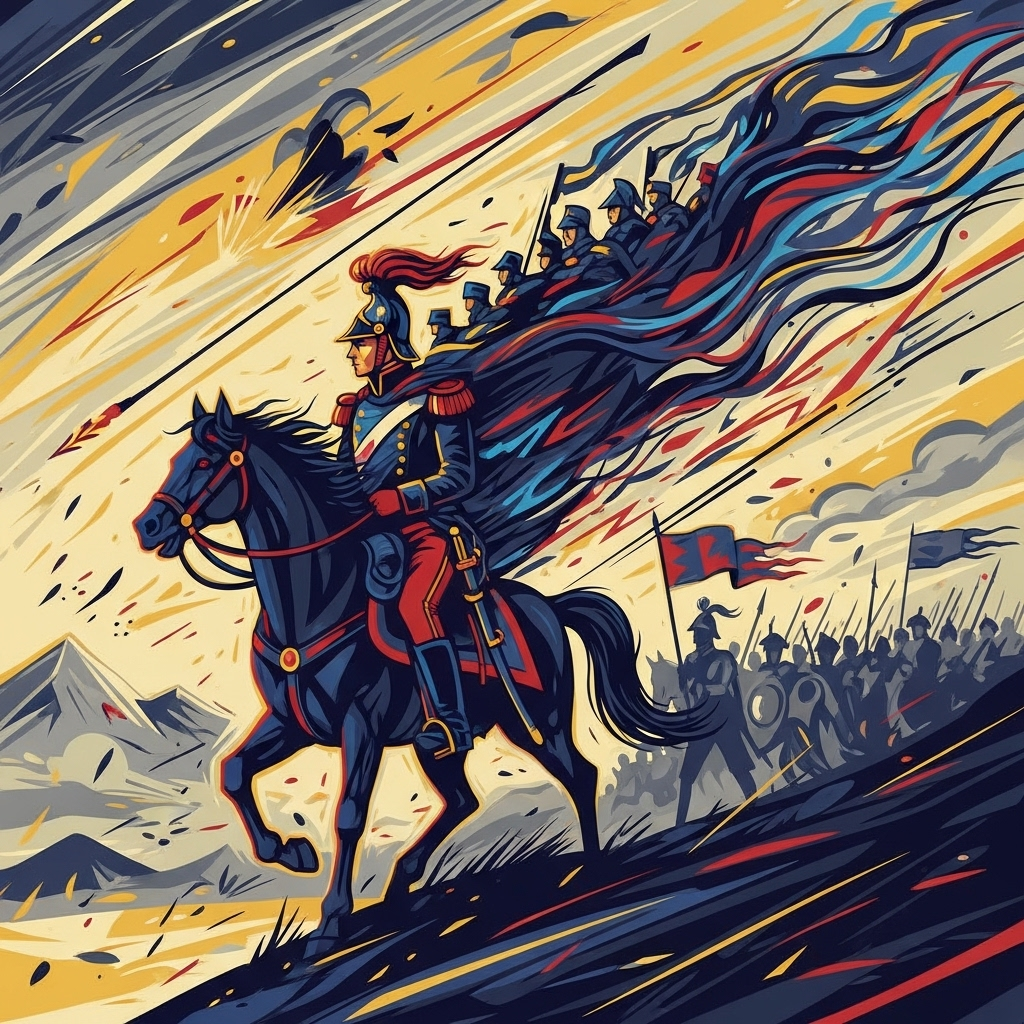 천하무적 A stylized illustration of a historical figure, possibly a general, confidently leading their troops in an abstract, energetic battle scene. The general is at the forefront, embodying leadership and determination. No text.