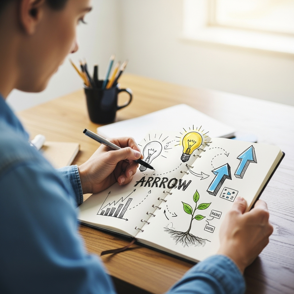 천하무적 A person sketching ideas in a notebook with various symbols of success and growth around them, like a lightbulb, an arrow pointing up, and a growing plant. The setting is bright and inspiring. No text.