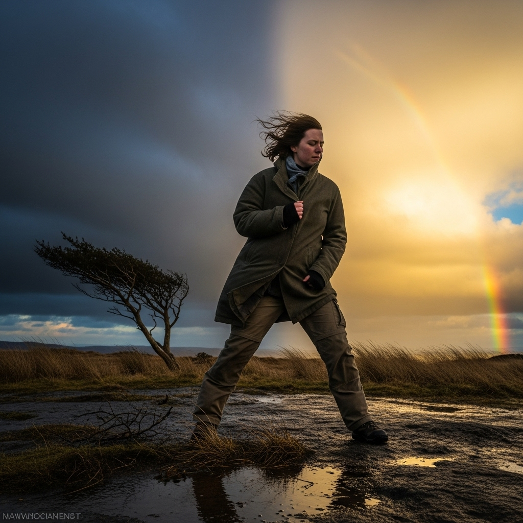 천하무적 A person standing strong against a strong wind, not being blown away, symbolizing resilience and inner strength in the face of adversity. The background shows a stormy but clearing sky. No text.