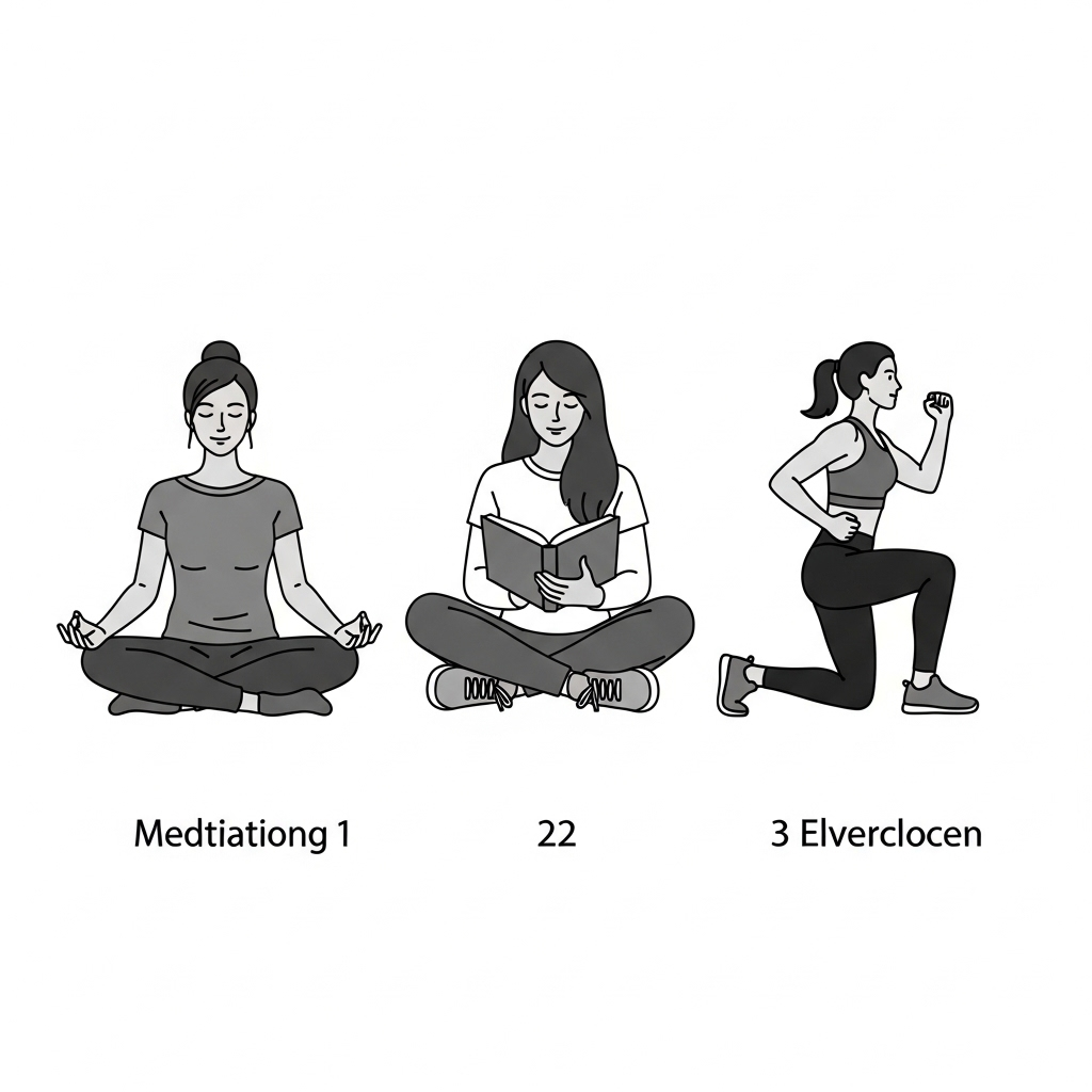 천하무적 A series of small, consistent actions depicted in a sequential manner, like a person meditating, then reading, then exercising. Each small action builds upon the last, showing growth and progress. No text.