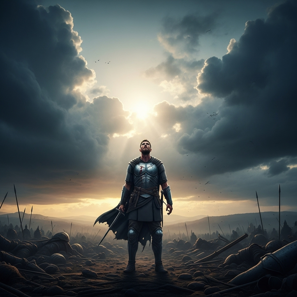 혈전혈승 A powerful and dramatic scene of a single warrior, slightly wounded but determined, standing victorious on a battlefield at dawn after a long and arduous struggle. The warrior is in the center, looking forward with a sense of triumph and exhaustion. The background shows the aftermath of a conflict, but with a hopeful light breaking through the clouds. The style is epic and inspiring, focusing on resilience. No text in the image.