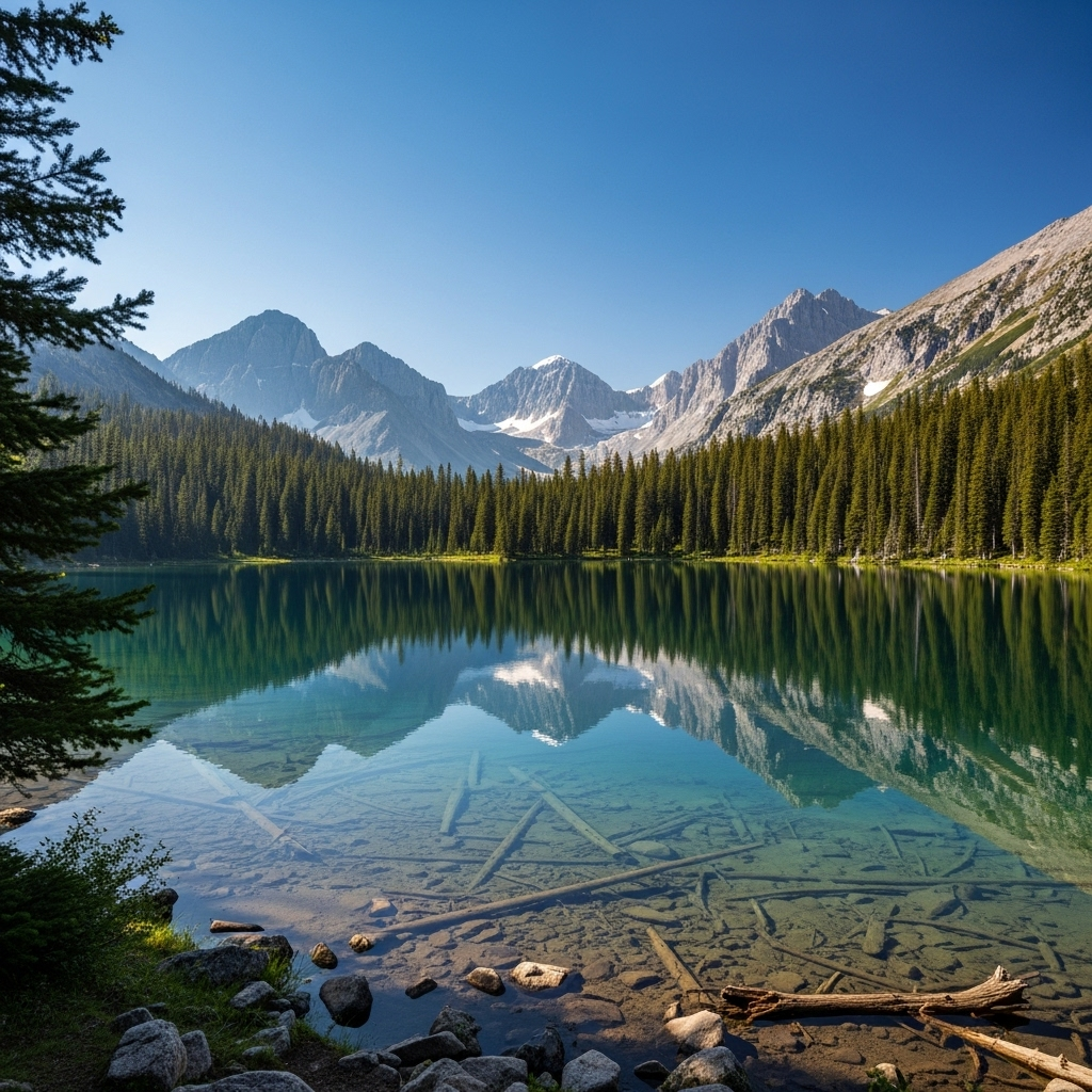 명경지수 A serene, crystal-clear lake reflecting the blue sky and a few distant mountains. The water is perfectly still, like a mirror, with no ripples. A sense of calm and tranquility permeates the scene. The overall style is realistic and peaceful.