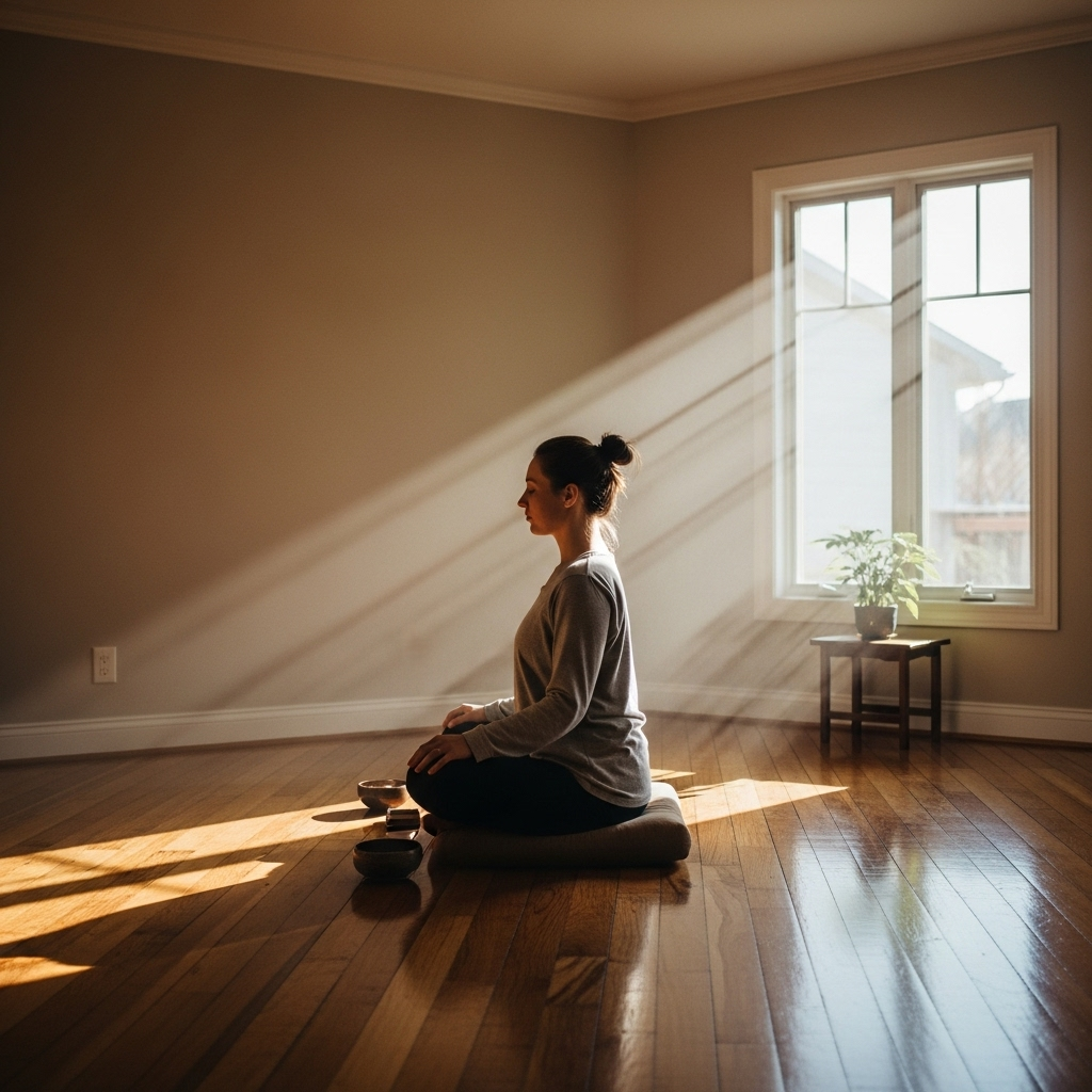 명경지수 A person sitting in a comfortable, peaceful meditation pose on a cushion, with eyes closed, in a softly lit, minimalist room. Sunlight gently streams in through a window. The atmosphere is calm and reflective. No digital devices are visible.