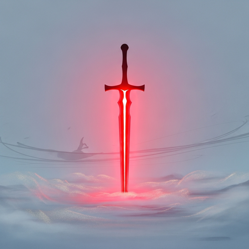 일검단심 A powerful, focused single sword with a glowing red core, standing upright amidst a serene, slightly misty landscape, symbolizing unwavering determination and passion. The image should be abstract and artistic, without any text.