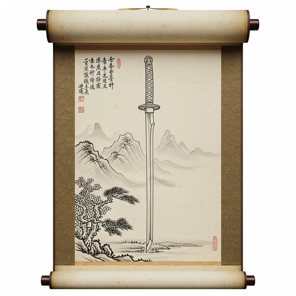 일검단심 An ancient, weathered scroll unfurling to reveal a calligraphic brush painting of a single, elegantly drawn sword. The background is a subtle, traditional Asian landscape. No text.
