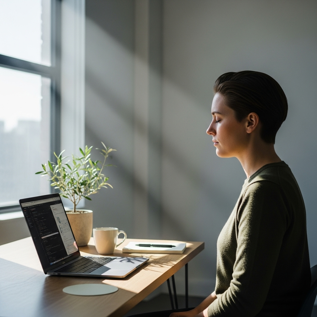 일검단심 A modern person with a calm, focused expression, meditating or working intently on a laptop in a clean, minimalist office space. Rays of light subtly illuminate them, suggesting clarity and focus. No text.