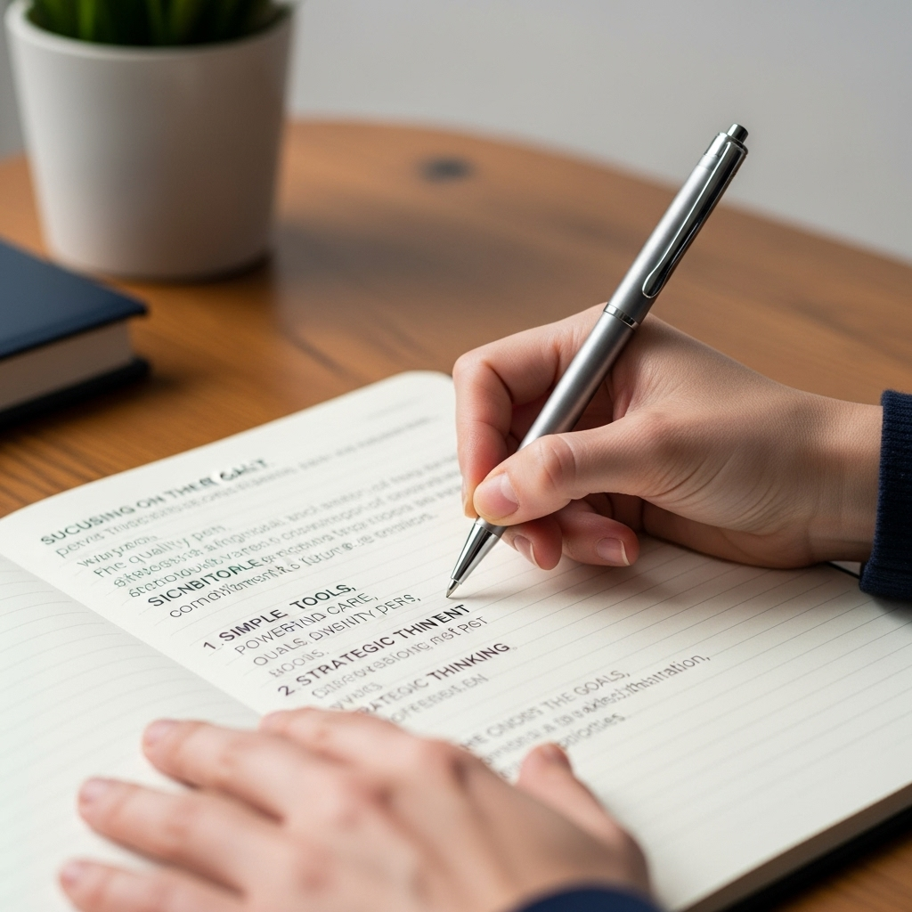 일검단심 A person's hand steadily holding a pen, writing a clear, concise list of goals on a pristine notebook. The background is slightly blurred, emphasizing the focused action. No text.