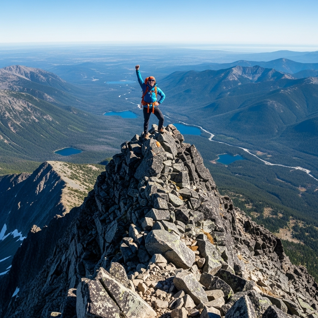 일검단심 A vibrant, detailed illustration of a person confidently reaching the summit of a mountain, overlooking a breathtaking landscape. The sky is clear, symbolizing achievement and clarity. No text.