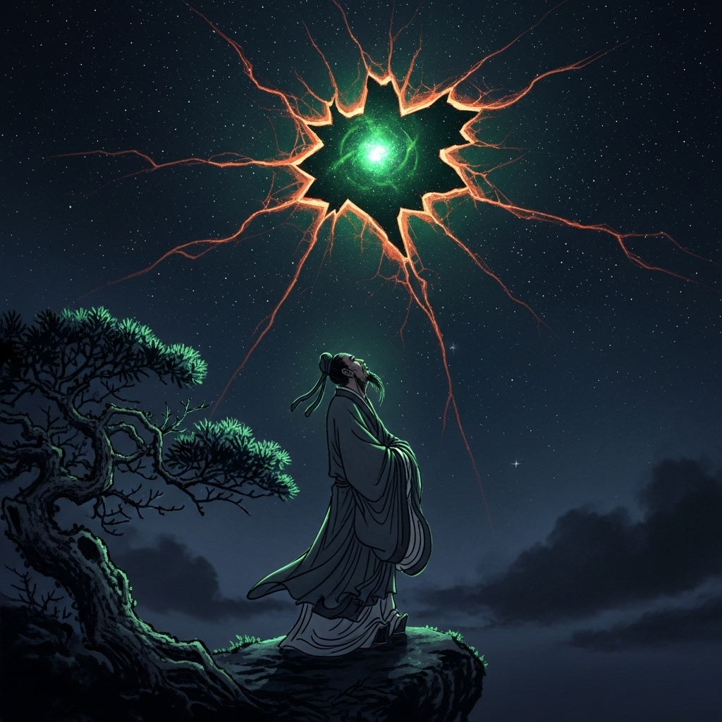 파천황 An ancient Chinese scholar looking up at a starry sky, with a cracked and glowing sky in the background, symbolizing the breaking of conventions. The scholar has a determined but contemplative expression. The art style is traditional ink painting with a touch of modern fantasy. No text on image.