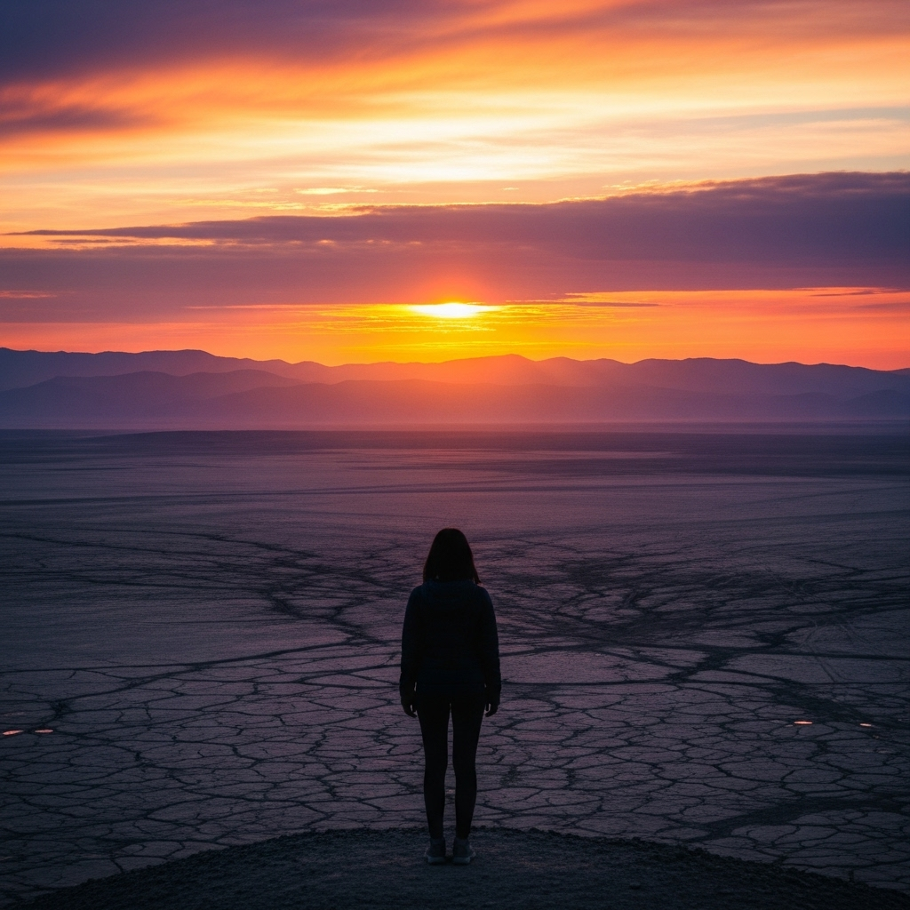 파천황 A person standing at the edge of a vast, barren landscape, looking towards a vibrant, colorful horizon with a sunrise, symbolizing new beginnings and breaking new ground. The person is silhouetted, conveying a sense of courage. No text on image.