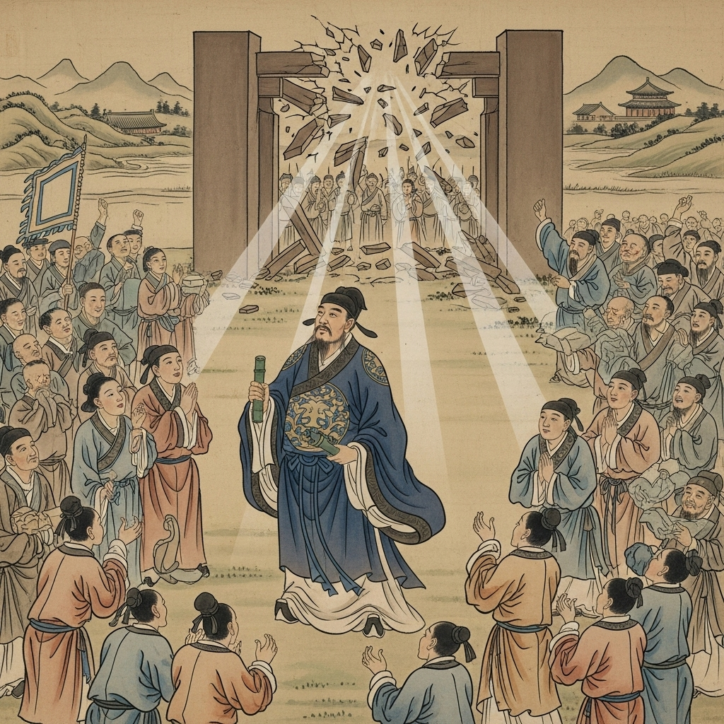 파천황 An ancient Chinese scroll depicting a scholar in traditional attire, standing proudly amidst a crowd of cheering people, with a symbolic broken barrier in the background. The scene reflects a historical achievement. No text on image.
