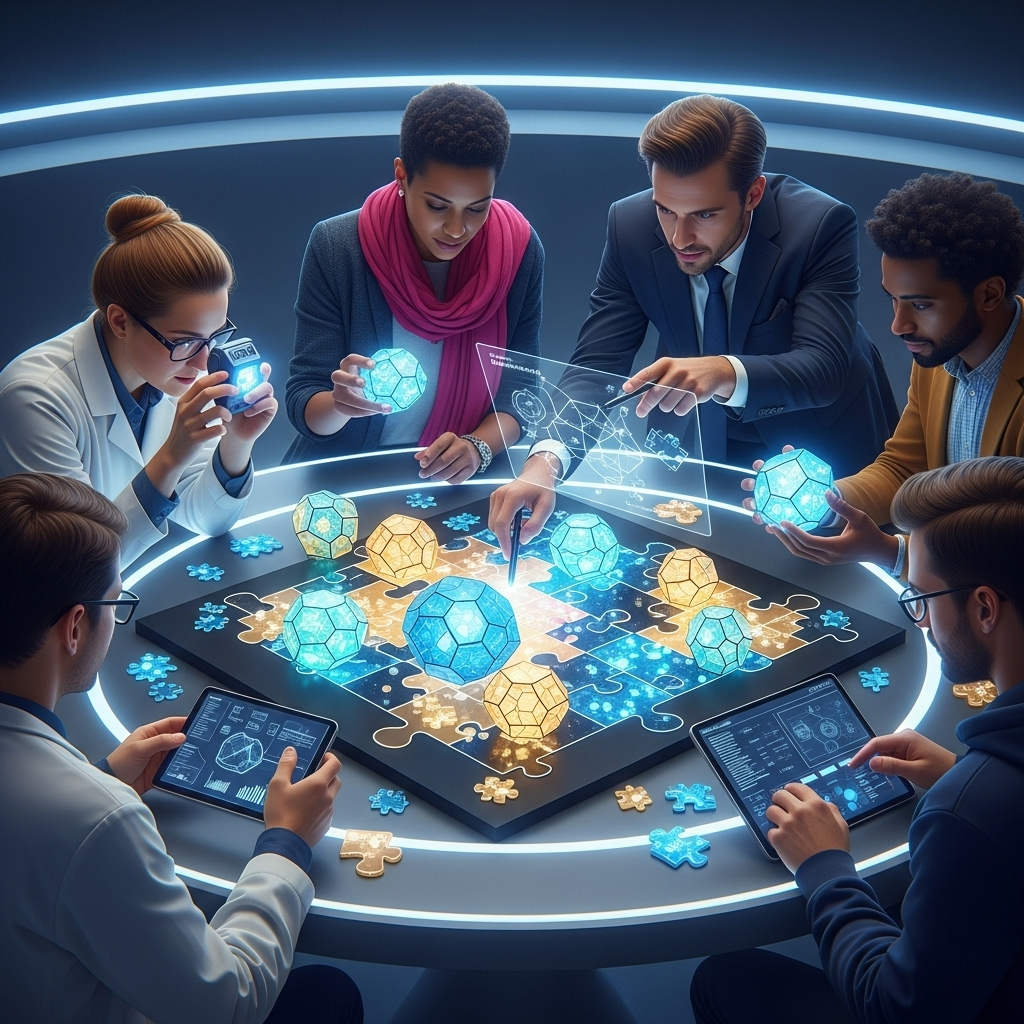 파천황 A diverse group of people from various professions (e.g., scientist, artist, entrepreneur, software developer) collaboratively building a futuristic, glowing puzzle, symbolizing innovation and breaking new ground in modern society. No text on image.