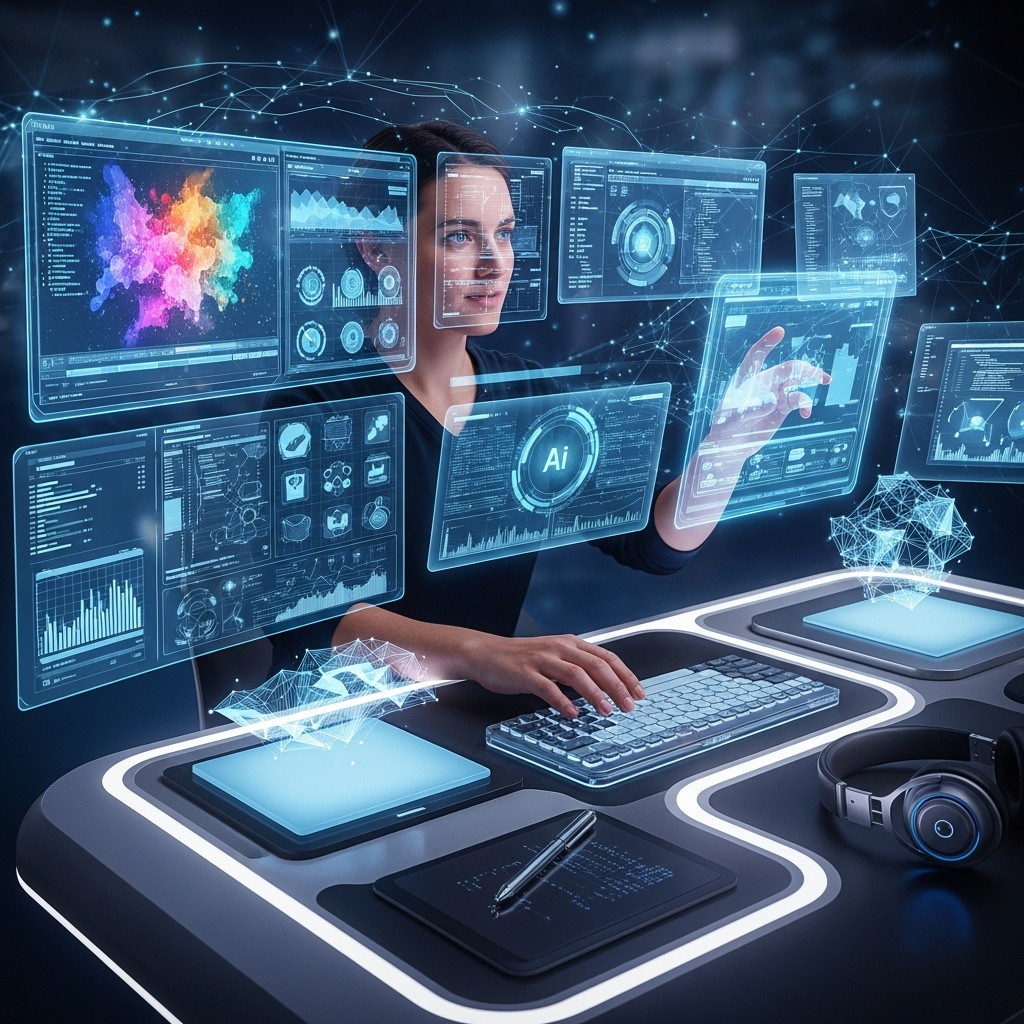 파천황 A person sitting in front of multiple screens displaying complex data and AI-generated visuals, with a thoughtful and innovative expression, surrounded by a futuristic, creative workspace. The person is actively engaging with technology to create something new. No text on image.