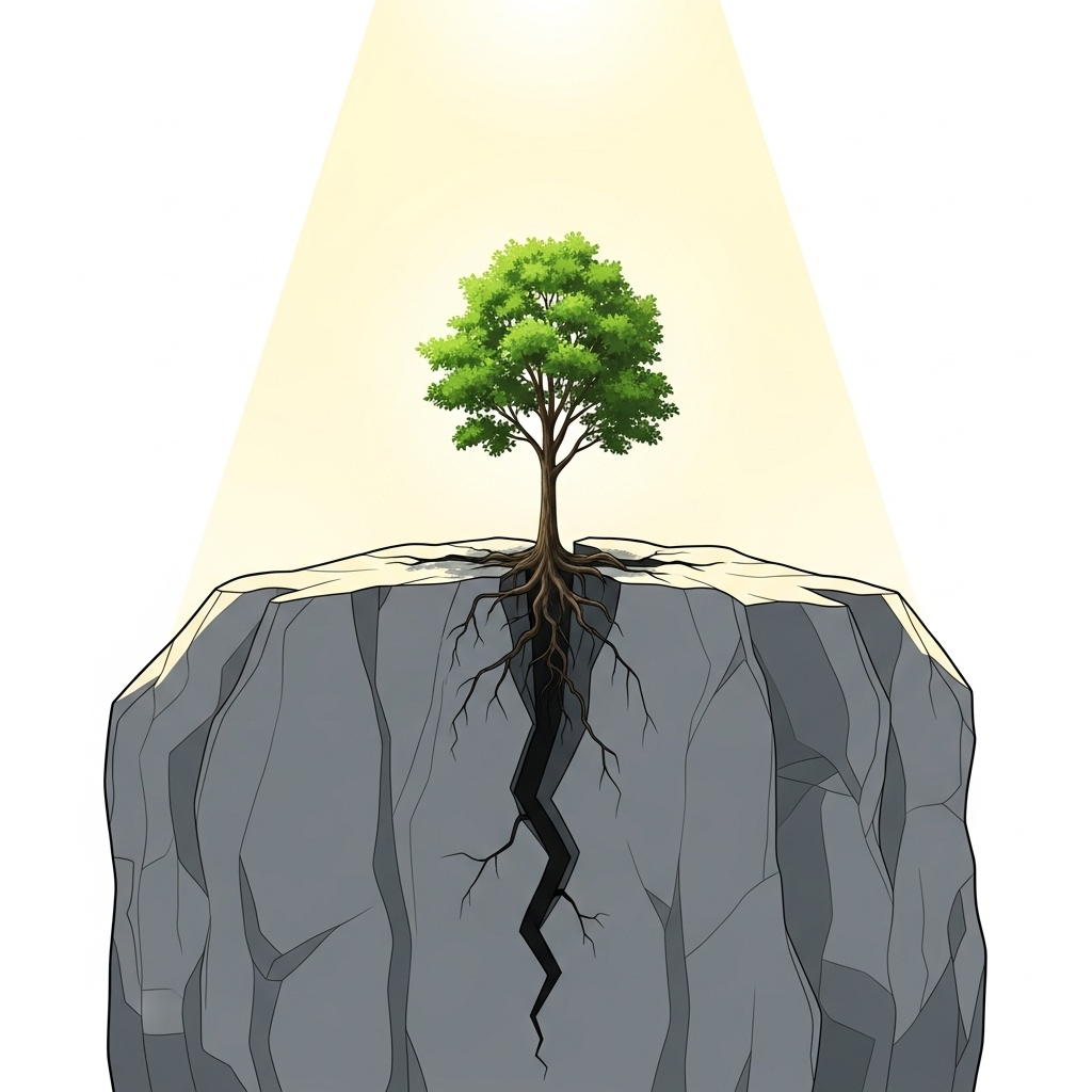 파천황 A minimalist illustration of a single tree growing strong and vibrant from a crack in a seemingly impenetrable rock, symbolizing resilience, growth, and breaking barriers. The setting is bright and hopeful. No text on image.
