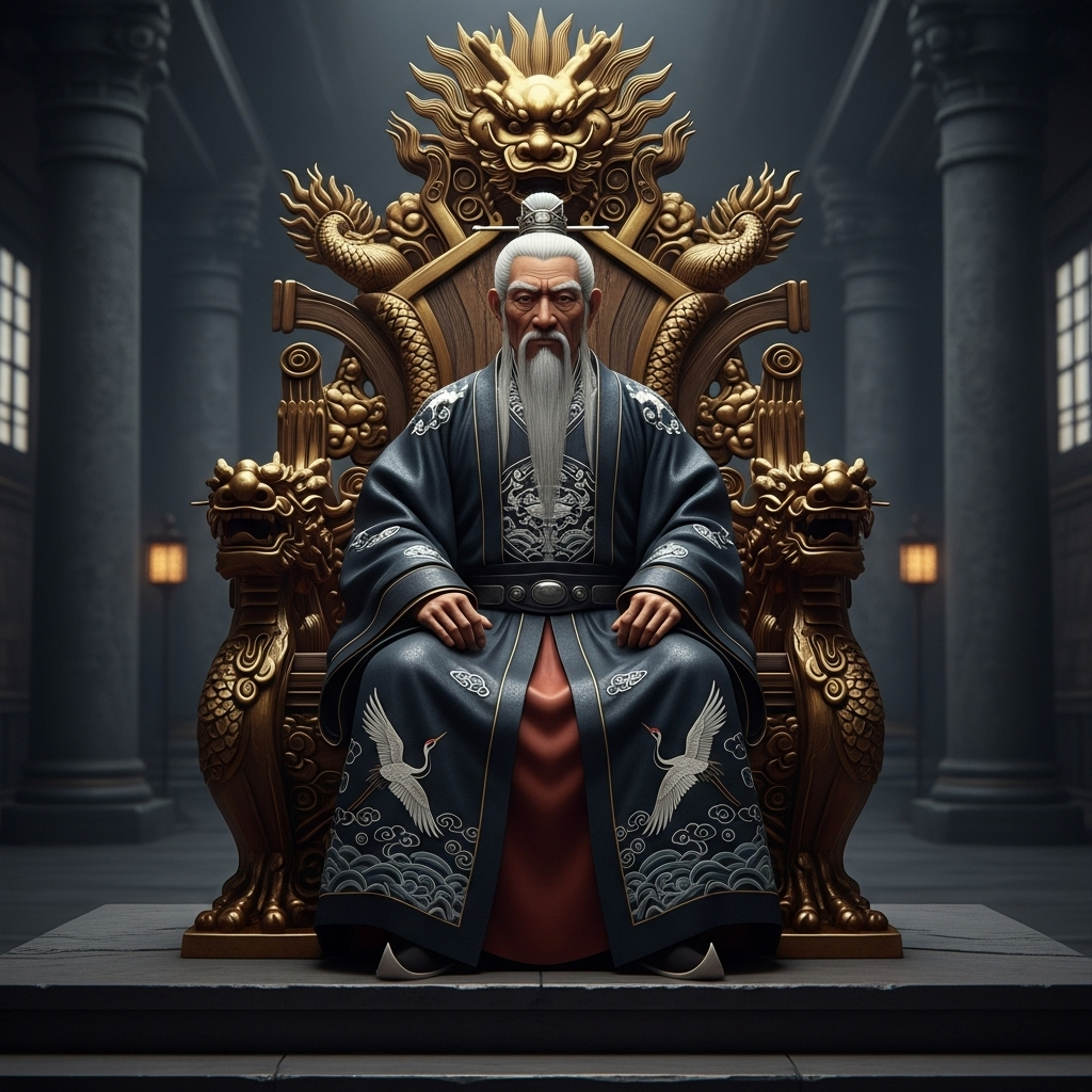 무림맹주 A highly detailed, realistic painting of an ancient East Asian martial arts master sitting on a grand throne, adorned with intricate dragon motifs. He wears an elegant, flowing robe, exuding wisdom and a subtle, unyielding power. The background shows a vast, shadowy hall with martial arts symbols. The lighting is dramatic, highlighting his weathered face and the gravitas of his position. No text on image.