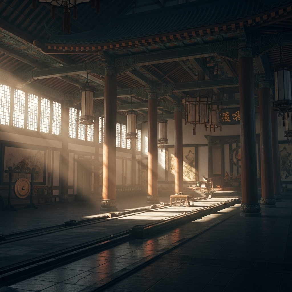 무림맹주 A detailed illustration of a majestic, ancient East Asian martial arts alliance hall. Sunlight streams through large windows, illuminating various martial arts masters from different clans standing respectfully before a central, empty dais, symbolizing a powerful leadership position. The atmosphere is solemn and grand. No text on image.