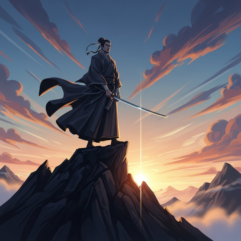 무림맹주 A stylized, dynamic depiction of a solitary martial artist in flowing robes standing on a mountain peak at dawn. He holds a sword, gazing into the distance with a determined yet melancholic expression. The scene evokes a sense of immense responsibility and solitude. No text on image.