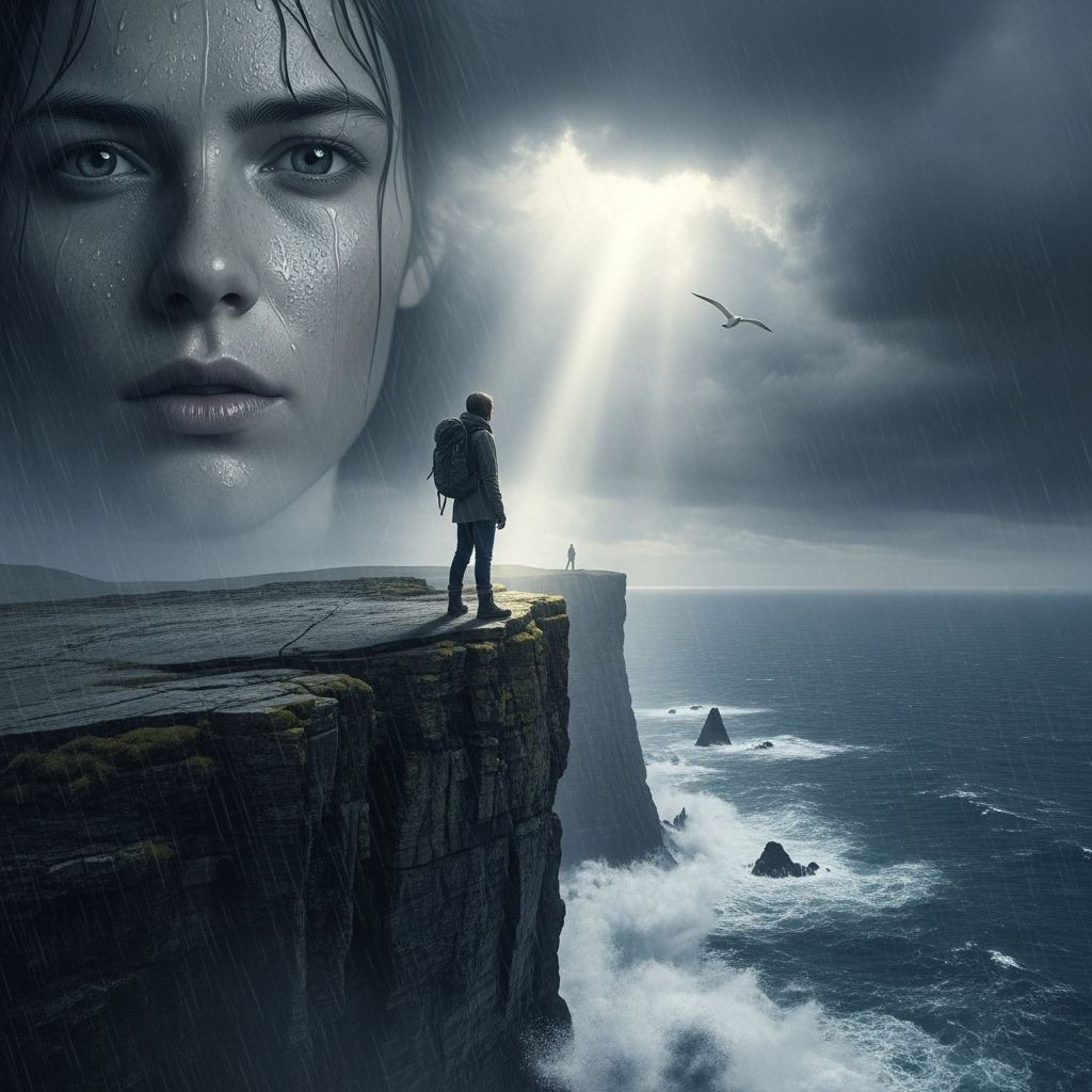 사생결단 A person standing firmly on a cliff edge, looking out at a stormy sea with determination. The sky is dramatic but a ray of light breaks through. The person's posture suggests resolve and courage. No text in the image.