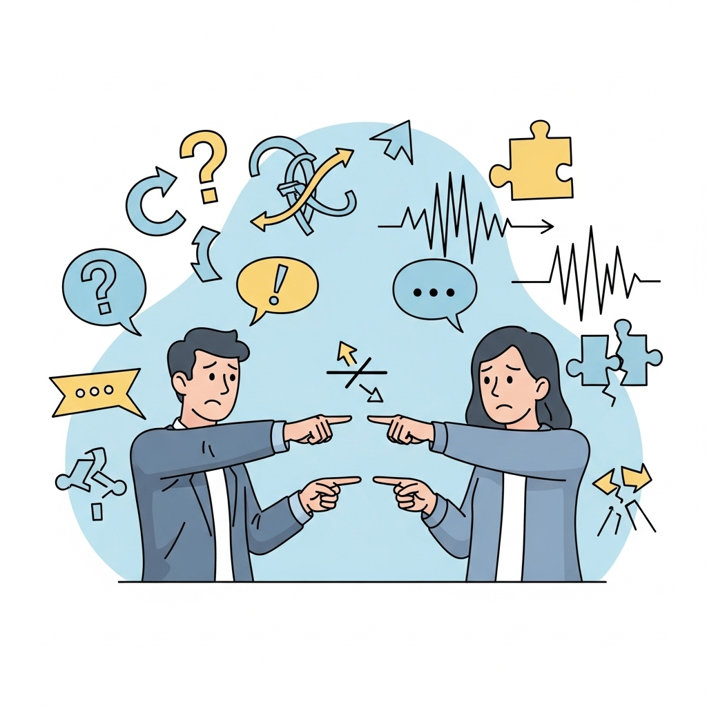 동문서답 A cartoon illustration of two people talking, one pointing left (west) and the other pointing right (east) with confused expressions. The background shows abstract communication symbols. No text on the image.