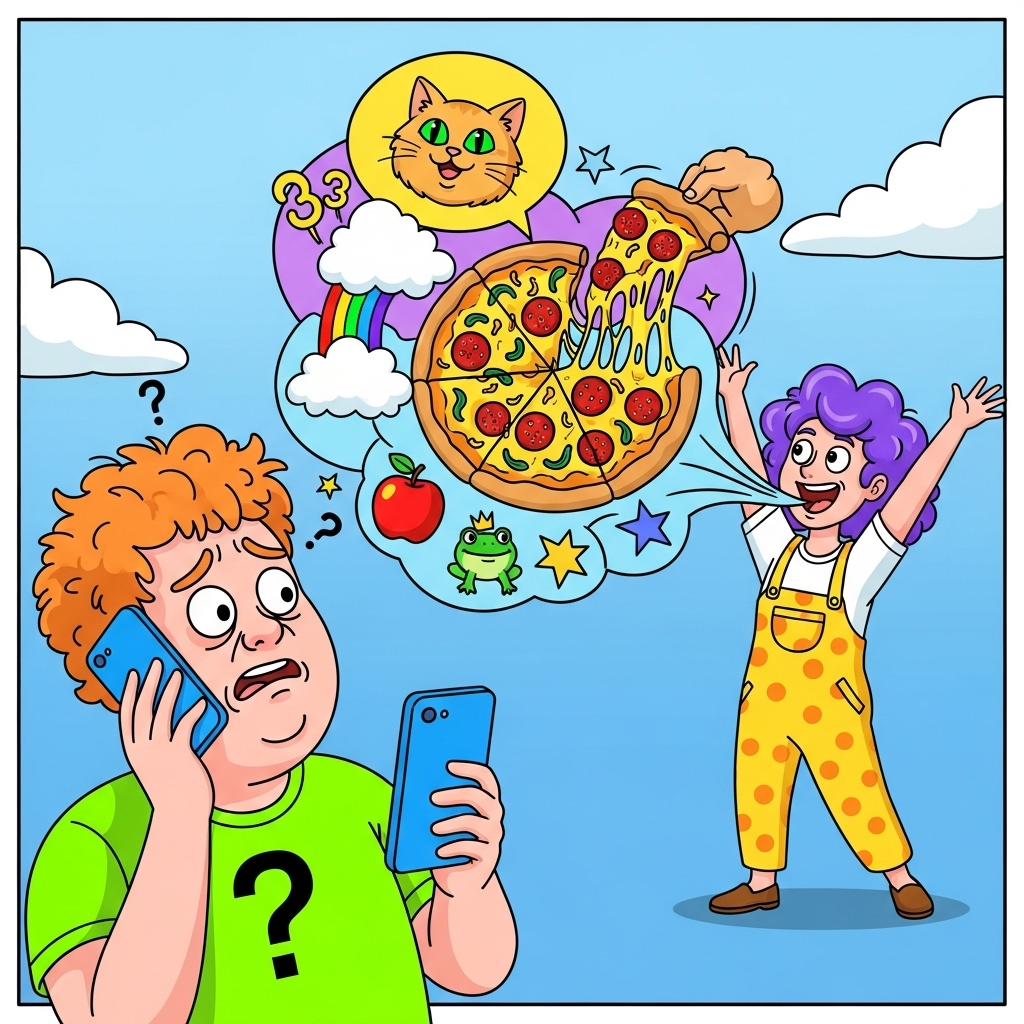 동문서답 A humorous, brightly colored cartoon of a person holding a smartphone, looking confused, while another person nearby is talking with speech bubbles full of irrelevant items like a cat, a cloud, and a pizza. No text on the image.
