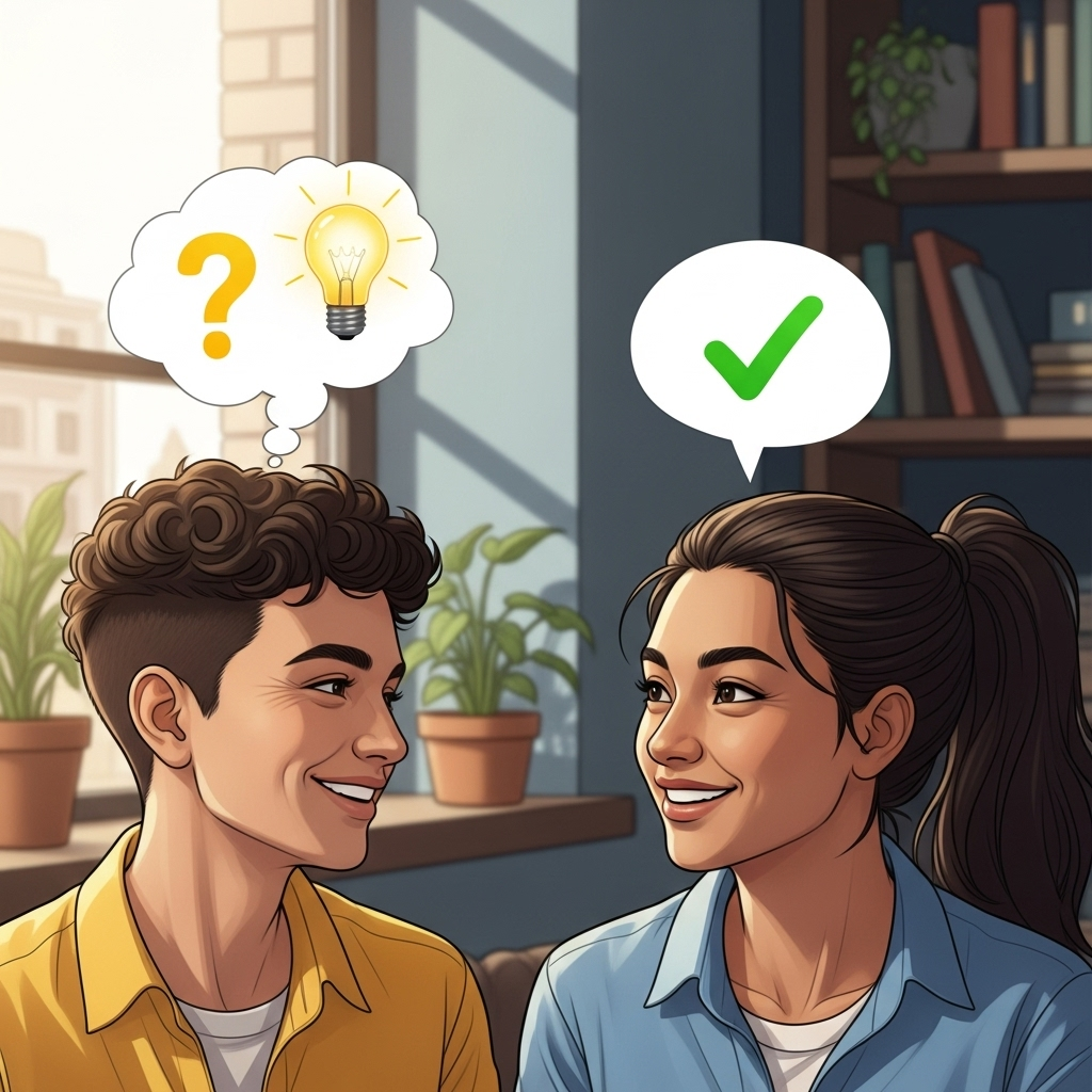 동문서답 A bright, inviting illustration of two diverse people smiling and engaged in conversation. One person has a thought bubble with a question mark and a lightbulb, while the other has a speech bubble with a checkmark. They are making eye contact. No text on the image.