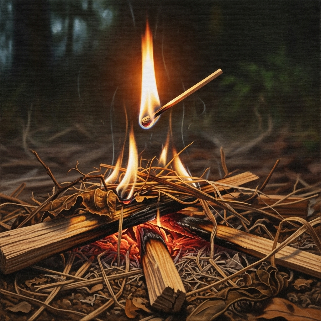 일촉즉발 A highly detailed, realistic painting of a single lit matchstick hovering precariously close to a pile of dry kindling, with a tense, dramatic lighting. The background is slightly blurred to focus on the match and kindling. No text.