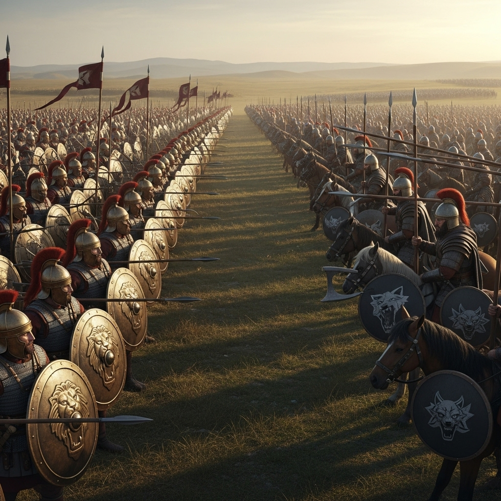 일촉즉발 An ancient battlefield scene with two opposing armies in tense standoff, holding their ground. A single, distinct arrow is shown mid-flight, letting out a faint whistling sound, symbolizing the 'signal arrow'. The atmosphere is charged with anticipation. No text.