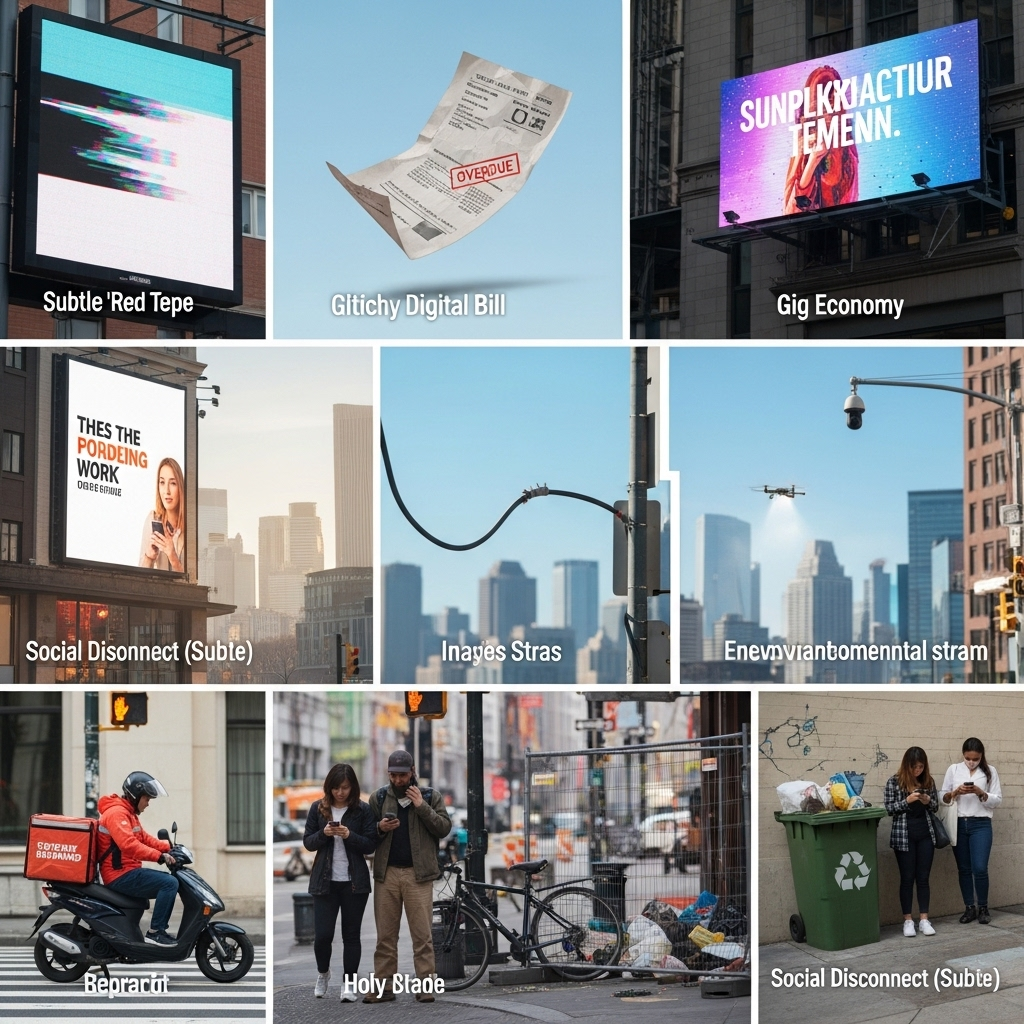 일촉즉발 A modern, diverse cityscape with subtle visual cues of various contemporary challenges: a small, almost imperceptible crack in a building, a digital interface showing a warning symbol, and people looking a bit worried but still going about their day. Focus on showing modern 'tension'. No text.