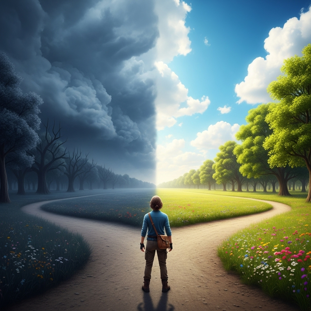 일촉즉발 A determined person standing at a crossroads, one path showing "Danger" with dark clouds, and the other showing "Opportunity" with a bright, hopeful sky. The person is looking forward with a confident expression. No text.
