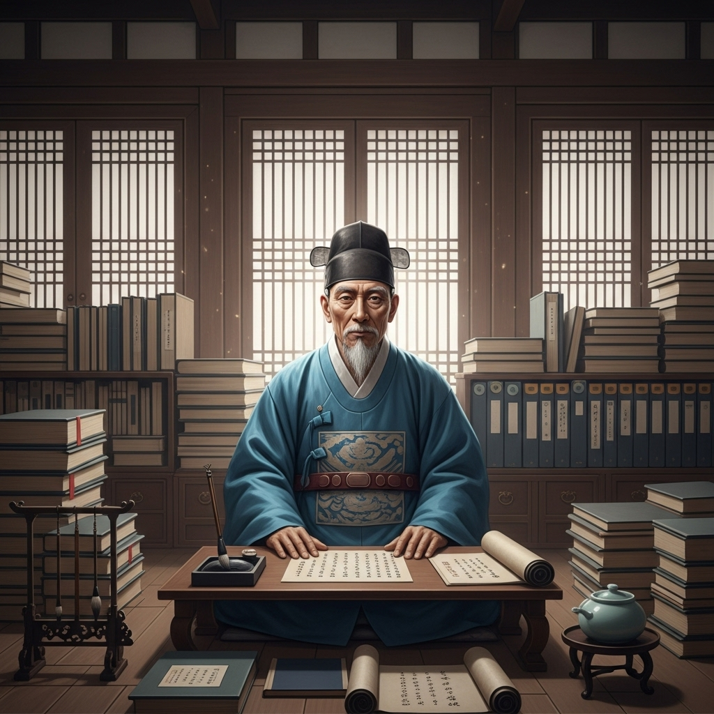무불통지 A wise, ancient-looking scholar, deep in thought, surrounded by old scrolls and books, with a faint glow of knowledge around him, in a traditional Korean study. The atmosphere is calm and reflective. The image should be rich in detail and convey a sense of profound understanding. No text in the image.