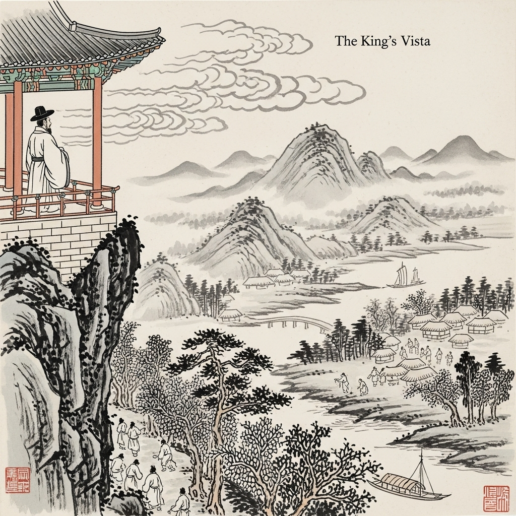 무불통지 An ancient Korean scroll painting depicting a wise king or scholar observing his kingdom from a high pavilion, with common people and landscapes below, suggesting his comprehensive understanding and oversight. The style is traditional Korean ink wash painting. No text in the image.