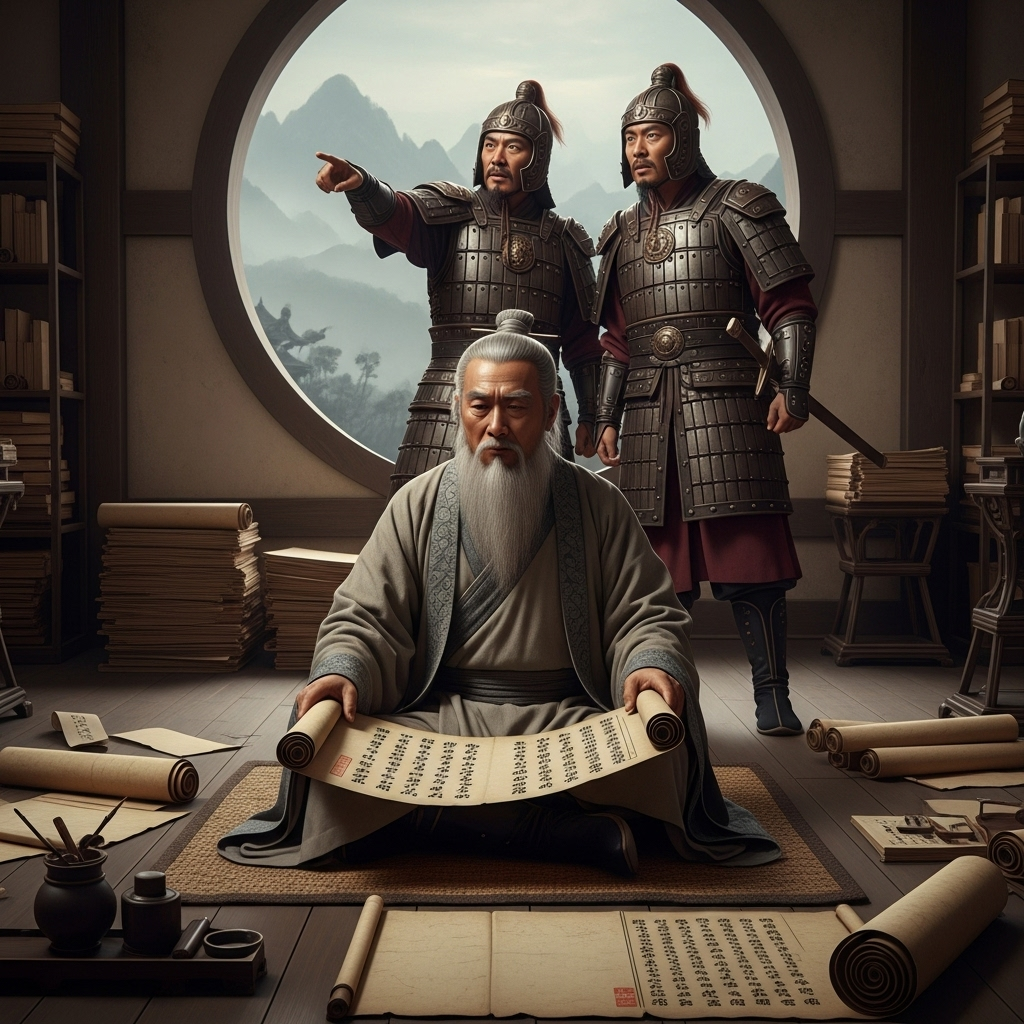 오십보백보 A wise ancient Chinese scholar is sitting on a mat, surrounded by scrolls, with two soldiers in the background, one pointing to a distant battlefield, the other looking confused. The scene conveys a sense of contemplation and a historical setting.